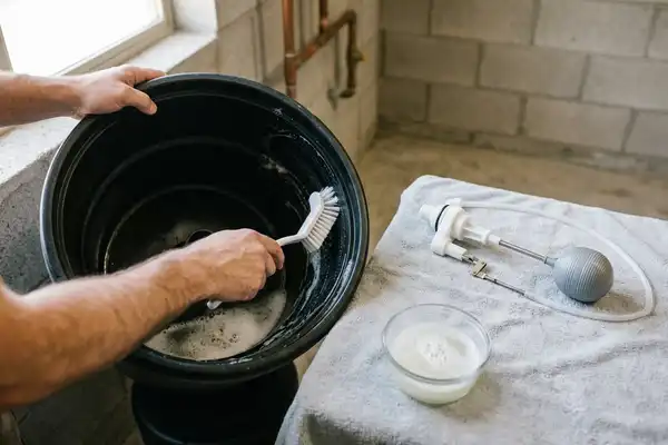 Technician scrubbing an empty water softener brine tank with a brush, float valve assembly set aside on a cloth