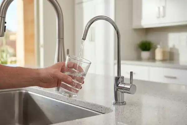 Dedicated reverse osmosis drinking-water faucet filling a glass with purified water at a kitchen sink