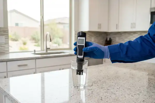 Water hardness testing in a Henderson NV home. Measuring the 16-18 GPG Very Hard reading used to size a system